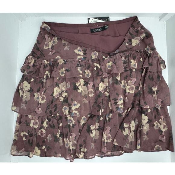 Lauren Ralph Lauren Floral Crinkle Georgette Miniskirt Purple Mauve Size 14 NEW - Picture 3 of 7